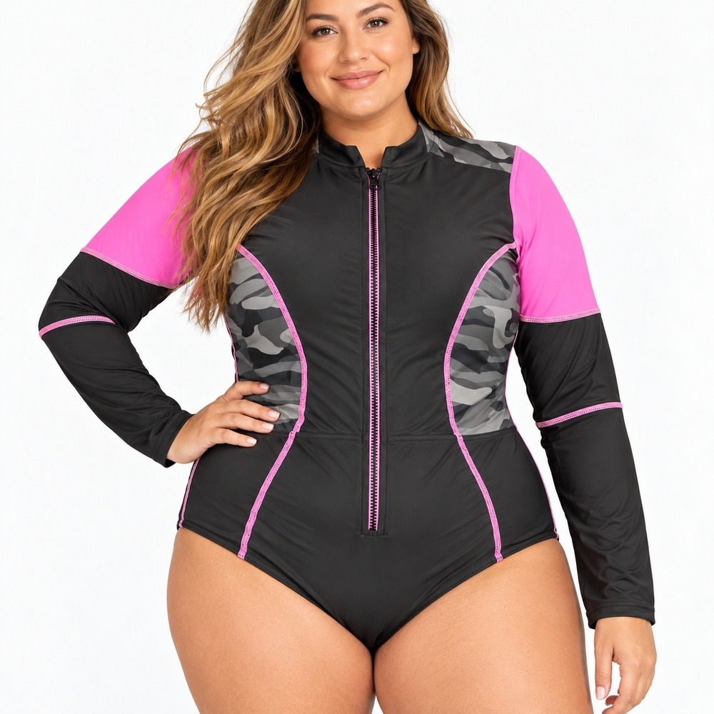 Torrid Active Swim One Piece Rash Guard Camo Pink Black Long Sleeve Size 2 18-20